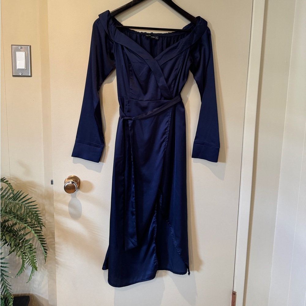 Blue satin off the shoulders dress pretty little thing size small
